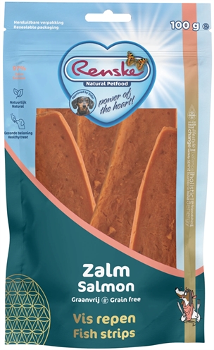 Hondensnack vleesstrip zalm - Renske gezonde beloning - 100 gram - Hondenpleintje.nl