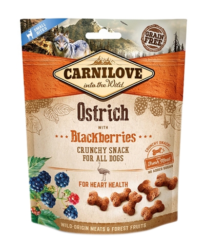Hondensnack - Carnilove Crunchy - struisvogel zwarte bes - 200 gr - Hondenpleintje.nl