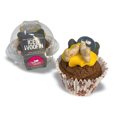 Hondensnack cupcake - Barkin Bakery - carob met geel glazuur - Hondenpleintje.nl